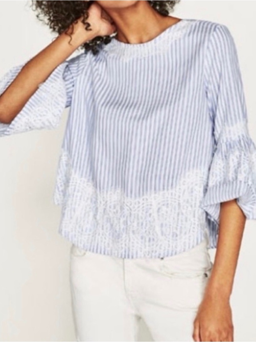 Zara Blue and White Striped Lace-Trim Tie-Back Blouse